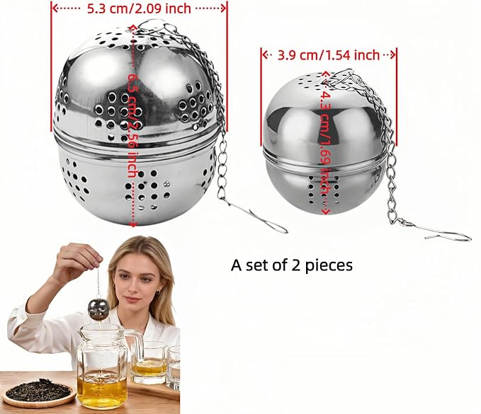 2Pcs Stainless Steel Tea Infuser Ball, Fine Mesh Spice Strainer for Loose Leaf Tea & Cooking, Rotating Lock Leak-Proof, Long Chain Hook for Soup Broth Filter