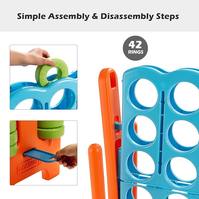 COSTWAY Jumbo 4-to-Score Giant Game Set, 4 in A Row for Kids and Adults, 3.5FT Tall Indoor, Outdoor Set with 42 Jumbo Rings & Quick-Release Slider, Ideal for Holiday Party, Family, Baby Blue