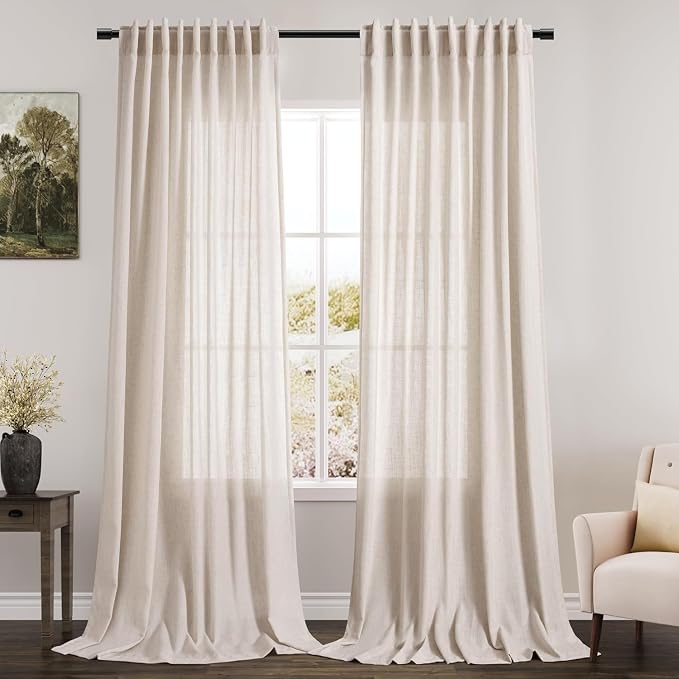 Nanspring 102 Inch Linen Curtains for Living Room Beige Privacy Semi Sheer Curtains Back Tab and Rod Pocket Farmhouse Linen Blend Curtain for Bedroom Office Large Window 70x102,2 Panel