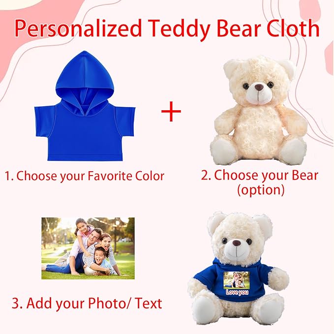 Personalized Teddy Bear Clothes with Photo Text, Custom Stuffed Animal Clothes Fit 8-16inch Stuffed Bear Clothing, Personalized Doll Clothing Make Your Own Plush Doll Shirt