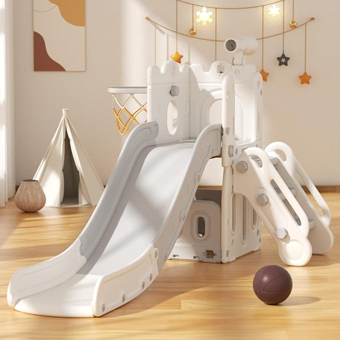 YUFU 6 in 1 Toddler Slide, Kids Climber Slide with Basketball Hoop and Ball, Indoor Outdoor Playset for Toddlers Age 1-3 (White Gray)