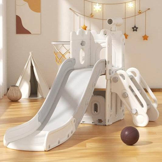 YUFU 6 in 1 Toddler Slide, Kids Climber Slide with Basketball Hoop and Ball, Indoor Outdoor Playset for Toddlers Age 1-3 (White Gray)
