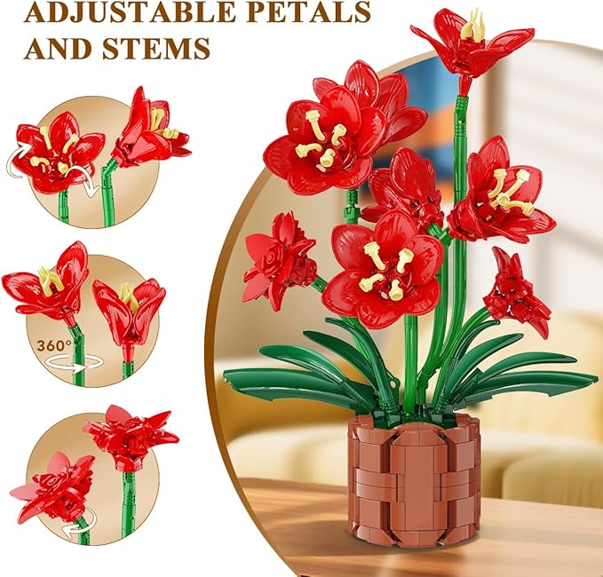 Amaryllis Flowers Bonsai Building Set, Botanical Collection Building Block, Artificial Plant Kit Home Decor, 503 PCS Flower Bouquet Bonsai for Her Adults Kids Boys Girls 12+