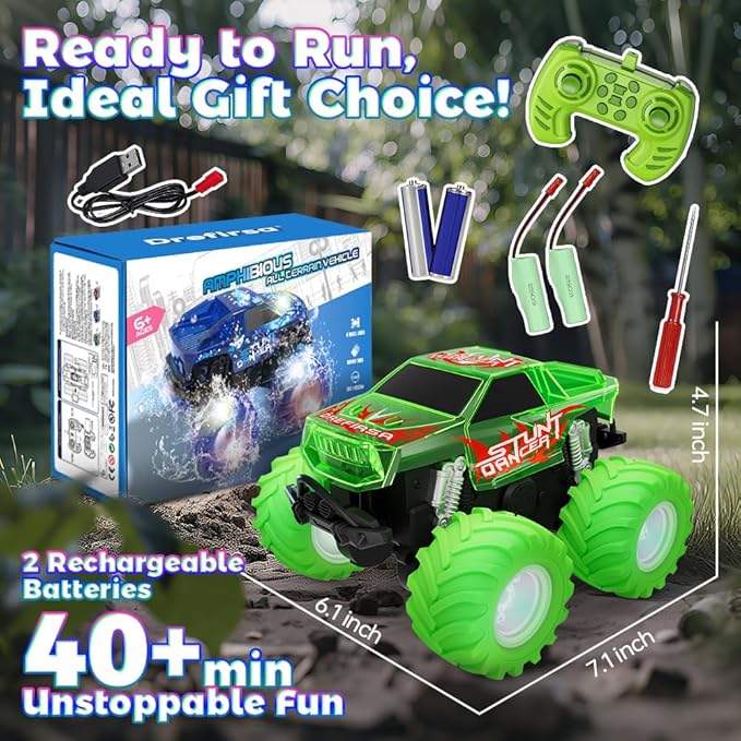 Drefirsa Blue Monster Truck Toy, Amphibious Remote Control Car, 4WD All Terrain Off-Road RC Truck with Colorful Light, RC Stunt Car Toy for 6 7 8 9 10 11 12 Year Old Boy Birthday Gift