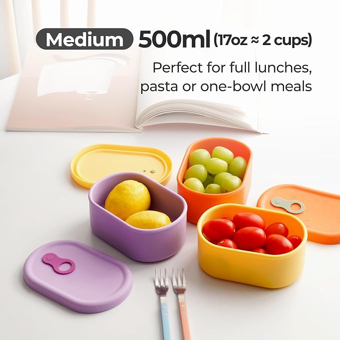 Korean Silicone Food Container with Steam Vent, Violet 4pc | Microwave & Freezer Safe, Leakproof, Airtight, Dishwasher Safe, BPA Free