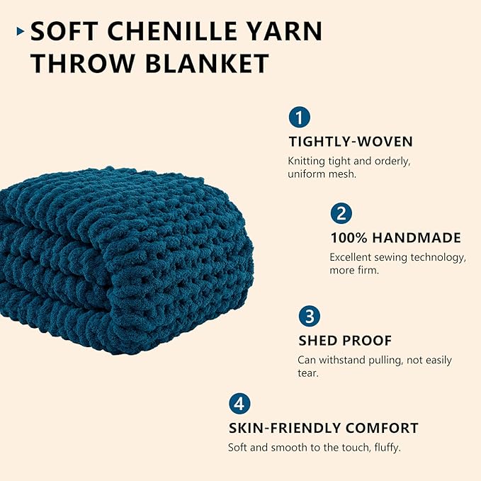 L'AGRATY Chunky Knit Throw Blanket for Couch, 80'' x 90'' Knit Throw, Blue | Handmade Chenille Crochet Blanket for Sofa Bed, Thick Cable Knitted Blankets for Room Home Decor, Birthday Gift for Women Mom