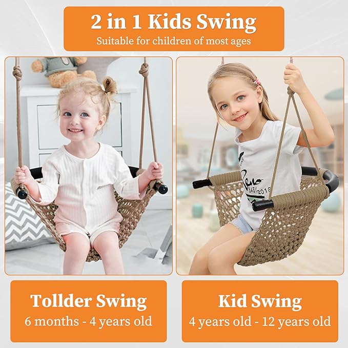 Kids Swing Seats Indoor Hand-Made Net Swing with Adjustable Rope Tree Swings for Kid Child Backyard Playground Swings Outside Indoor (Khaki)