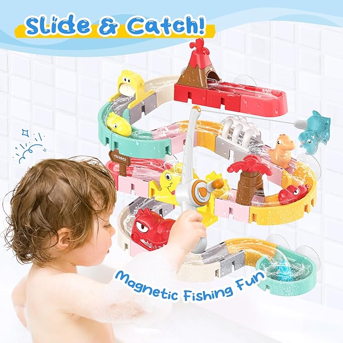 Dinosaur Bath Toys with Track & Fishing Rod – 47PCS Wall Suction Slide Playset for Toddlers, DIY Water Race Track with 6 Dino Toys, Bathtub Fun Gift for Kids Boys Girls Age 3+