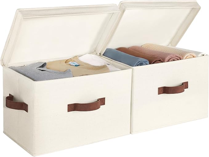 StorageWorks Fabric Storage Bins with Lids, Large Closet Storage Bins | Flip-Top Lid, 3 Handles, Collapsible, Stackable, for Clothes Blankets, Multi-Purpose, Large, Ivory White, 2-Pack