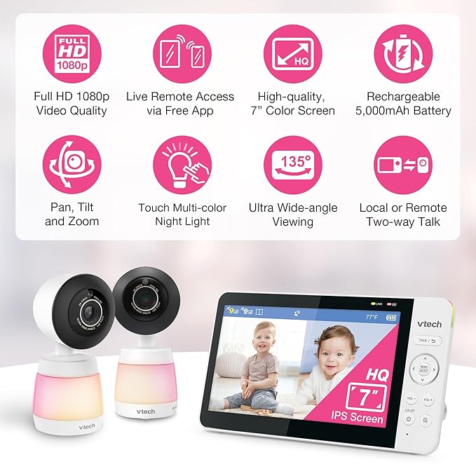 VTech Smart WiFi Baby Monitor with 2 Cameras, 1080p FHD Video, Free App with Motion Videos, Sound/Motion Alerts, 7" IPS Split‑Screen Display, Pan‑Tilt‑Zoom, Dual‑Room Monitoring – Smart HQ Max Twin