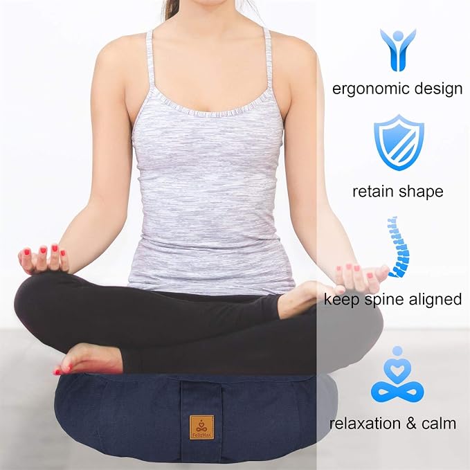 Round Zafu Meditation Cushion D=16" H=5.5" Zabuton Meditation Pillow Yoga Bolster Yoga Pillow Floor seat Zippered Organic Cotton Cover Natural Buckwheat kneeling pillow-Large