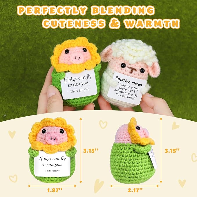 PARTY TONIGHT Cute Positive Crochet Animals Pig Gifts, Emotional Support Handmade Positive Crochet Gifts with Positive Affirmations Cards for Cheer Up Novelty Mini Funny Sunflower Pig Decor