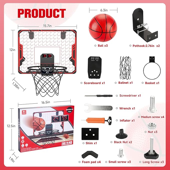 Basketball Hoop Indoor for Kids(4-12 Years Old), Over The Door Basketball Hoop with Scoring, Countdown and Music Accompaniment, Christmas Toys