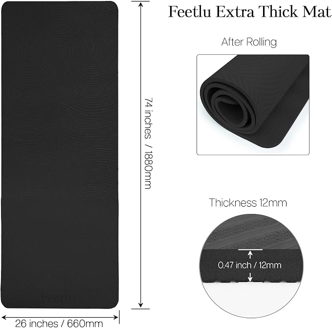Extra Thick 12mm Exercise Mat – 74"L x 26"W Inch, Non-Slip, Joint-Friendly & Cushioned Fitness Mat for Yoga, Pilates & Floor Workouts – Durable, Supportive & Includes Feetlu Classic Strap