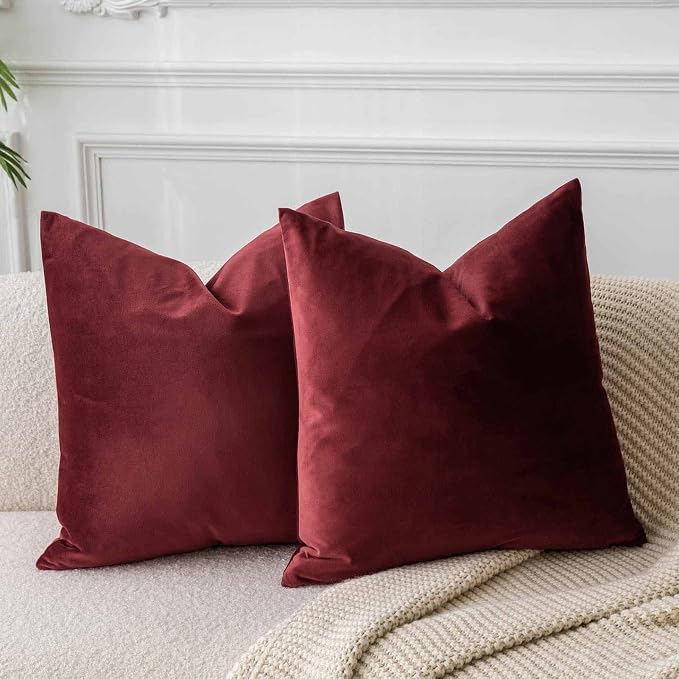 22x22 Velvet Throw Pillow Covers Set of 2 for Couch Sofa Bed,Burgundy | JUSPURBET Decorative Pillow Covers with Invisible Zipper for Modern Living Room Bedroom Home Decor Christmas