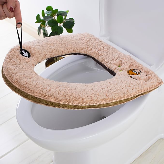 Warm Plush Toilet Seat Cover:Thicken Toilet Seat Pad with Hanging Loop and Zipper, Bathroom Soft Toilet Seat Covers Washable Cushion (Brown)
