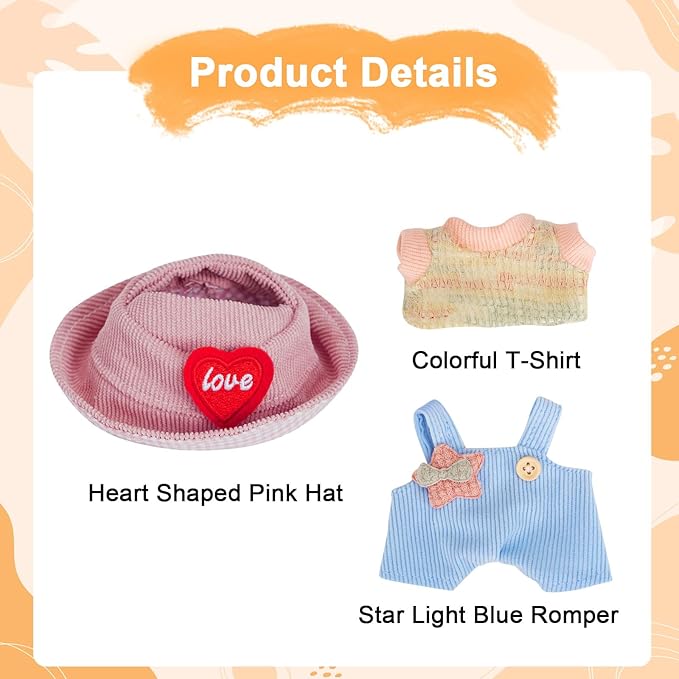 3-Piece Clothes Sets for Doll Sitting Standing Collection, Stylish Outfit Including Love Hat, Colourful Jumper, Light Blue Back Trousers (No Doll)