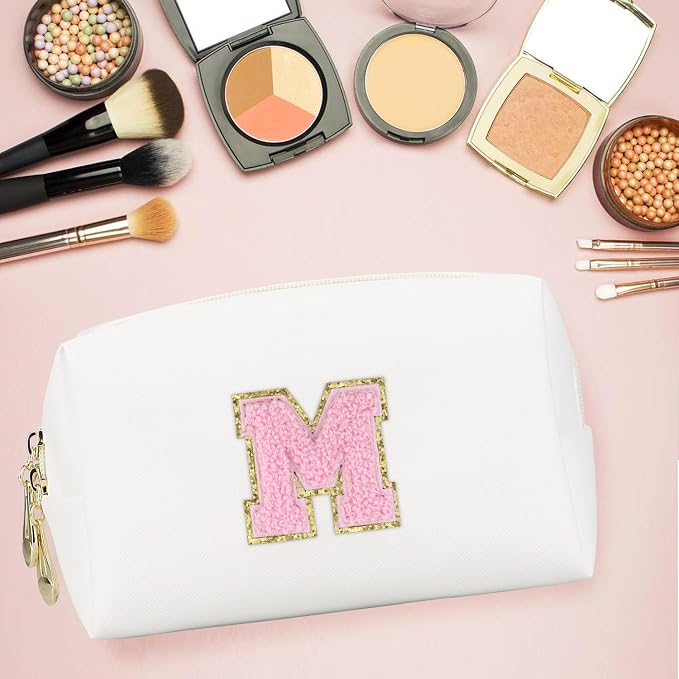 Initial Makeup Bag, Personalized Preppy Letter Monogram Cosmetic Bag | Waterproof PU Material, Compact Size, Large Capacity 7.09 x 2.95 x 3.94 in, Surprise Gift for Daughters and Teens