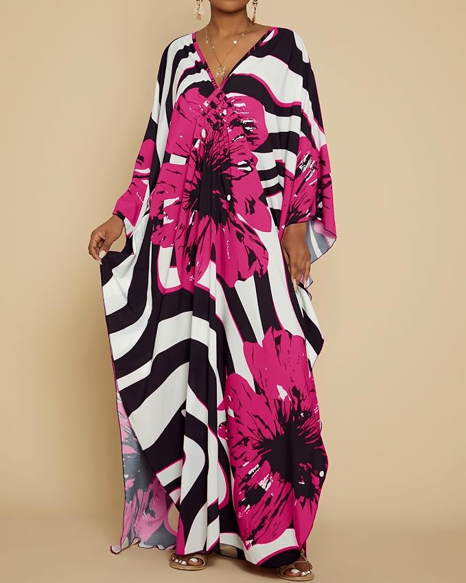 Bsubseach Kaftan Dresses for Women Floral Print Plus Size Beach Cover Up | Lightweight V Neck Loose Fit Boho Dress, Batwing Sleeve Side Slit, Moo Moos for Women Home Loungwear Cruise Resort Wear