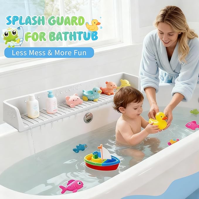 Dreamtop Bathtub Splash Guard for Tub Kids, 2.6FT Play Shelf for Bathing, Toy Tray Caddy Holder for Tub, Grey Silicone Tub Splash Guard Prevent Water Spills in Bathroom