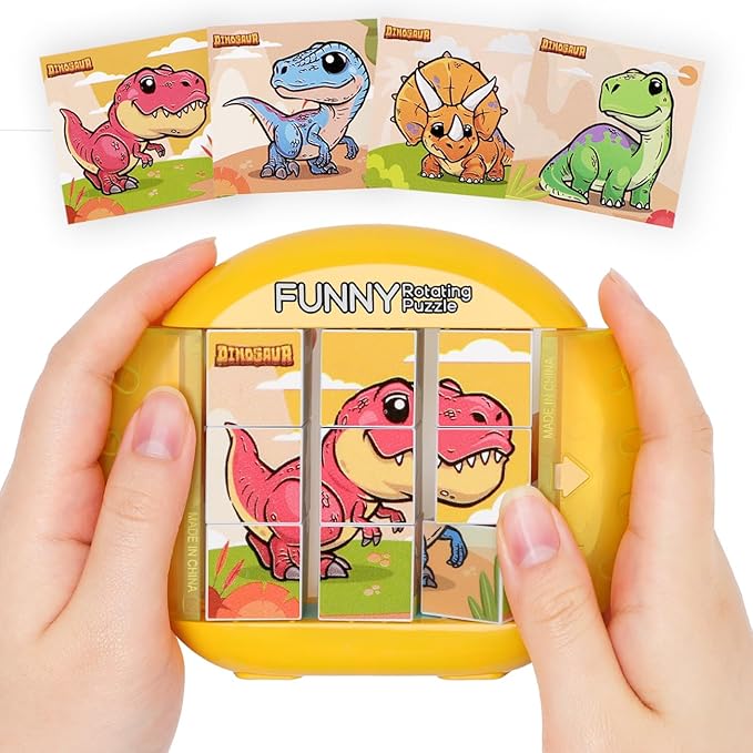 Rotating Puzzle for Kids 3 4 5 6 7 8 Year Old, 4 Puzzles in 1, Toddlers Travel, Car, Airplane, Road Trip Activities, Fine Motor Skills, Fidget, Gift for Boys & Girls Ages 3+ (Dinosaur)