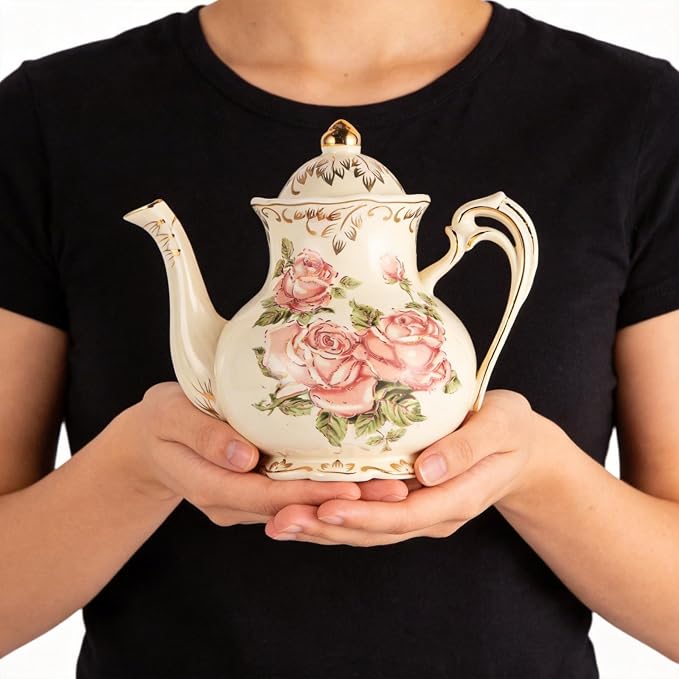YOLIFE Small Pink Rose Teapot, 25 OZ/ 3 Cup Vintage Ivory Porcelain Tea Pot, Floral Teapot with Gold Trim, Gifts for Women