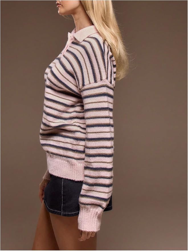 RoseSeek Women's Striped Lightweight Golf Sweaters Long Sleeve Pullover | Collared, Button, Loose Fit, Y2k Top