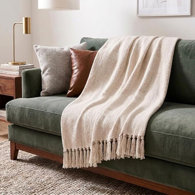 Americanflat 50x60 Throw Blanket - Soft and Breathable Cotton Throw Blanket for Couch, Bed, Chair - Decorative Blankets Perfect for Home, Office, or Outdoor Use - Cream Herringbone Design