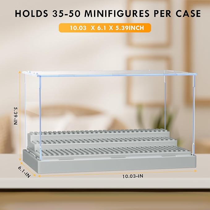 KKU Display Case for Figures, Minifigure Display Case Box Storage 10" X 6.1" X 5.4", Action Figures Blocks for Display with 3 Movable Steps