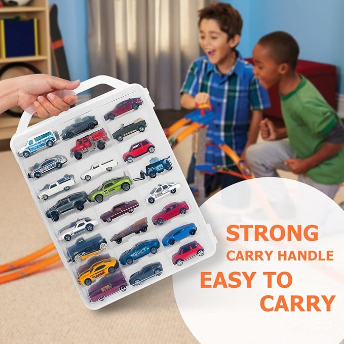 Double Sided Storage Case for 48 Toy Cars, Matchbox Cars, Portable Transparent Storage Case with 48 Compartments, Case Only (Transparent)…