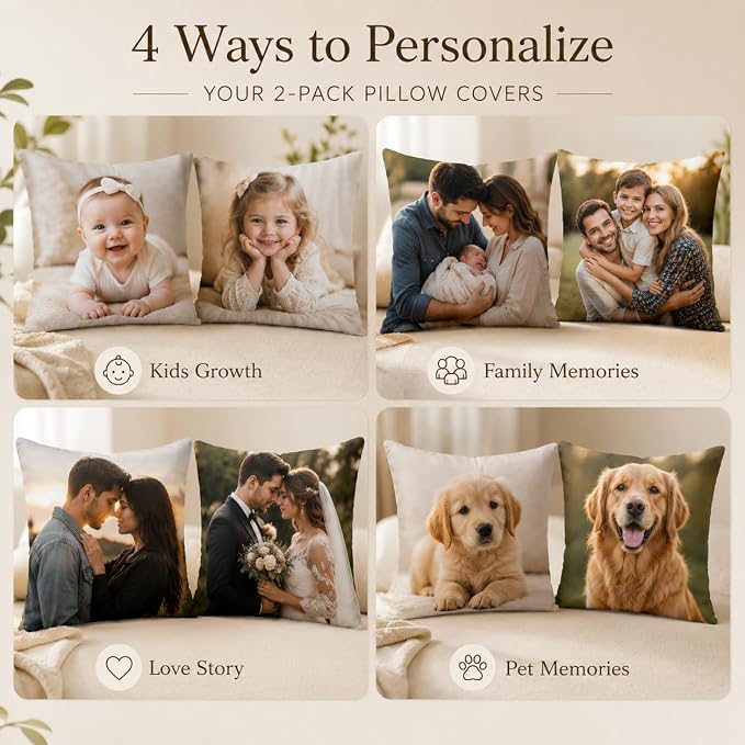 Bemaystar Custom Pillow Set of 4, Personalized Photo Pillow Covers with Picture Text, Made in USA, Custom Gifts for Family Pet Couple, Decorative Throw Pillow Gifts for Birthday Christmas (No Insert)