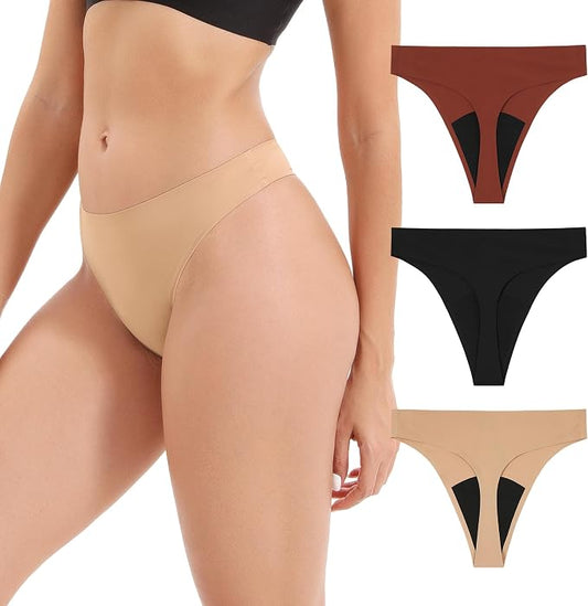 INNERSY Women's Period Thongs Seamless Underwear 3-Pack | Light Absorbency, No Show Sexy Panties, Mid Rise, Lightweight, Smooth Touch