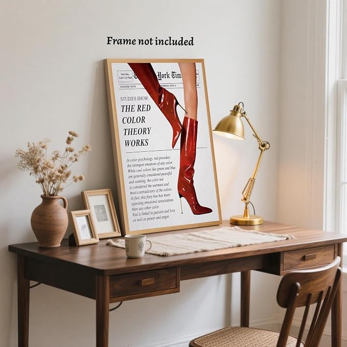 LEKDRA Vintage Color Theory Newspaper Poster Retro Fashion Red Boots Canvas Wall Art Funky Girl Room Decor Feminist Quote Print Wall Decor Aesthetic for Girly Bedroom Home Dorm 8x12inch Unframed