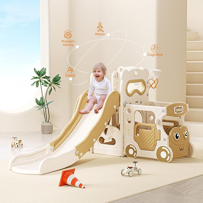 Lischwert 5 in 1 Toddler Slide, Indoor Slides Playground Set for Kids, Outdoor Slide Freestanding Playset, Toddler Playground with Basketball Hoop, Bus Playhouse and Climber for Kids Age 1+