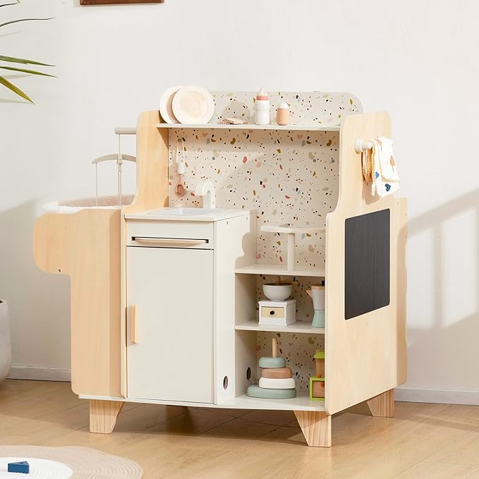 Wooden Baby Doll Crib, 4-in-1 Wooden Baby Care Playset with Cradle, Montessori Role Play Toy for Kids Ages 3-9，Kitchen Playset & Play Kitchen Toy Set, Gift for Boys & Girls