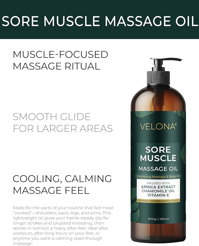 velona Sore Muscle Massage Oil – 16 Fl Oz | Arnica & Chamomile | Muscle & Joints Massage Therapy | Moisturizing, Refreshing & Relaxing Body Oil | Professional Spa & Home Massage