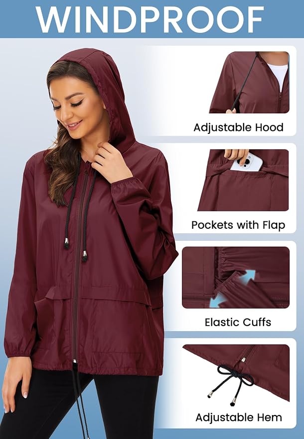 Zando Lightweight Rain Jacket Women Packable Waterproof Raincoat with Hood | Windbreaker Jacket Women, Light Raincoats for Drizzle, Rain Coats for Travel, Hiking and Commute