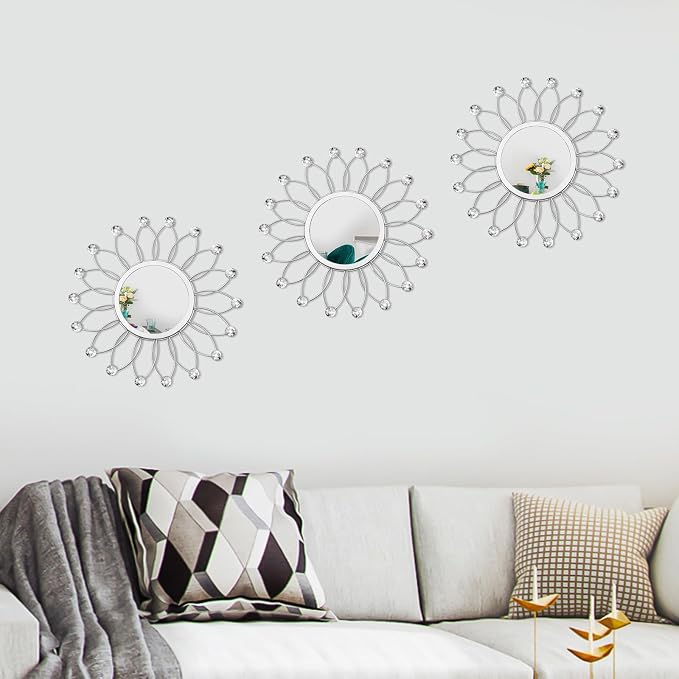 3 Pack Metal Mirrors for Wall Sunburst Wall Mirrors Home Décor Decorative Hanging Wall Art for Living Room Bedroom Entryway (Silver Crystal, Flowers)