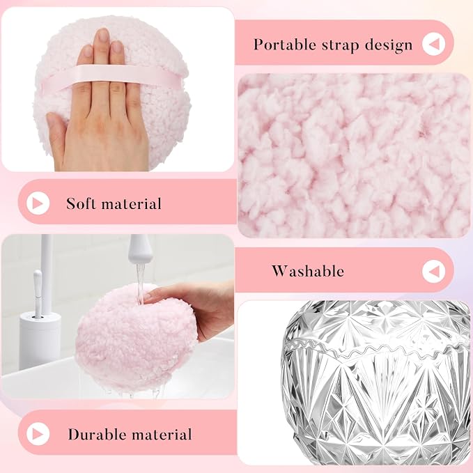 Tioncy 2 Pcs Extra Large Dusting Powder Puff and Container for Women-6'' Glass Crystal Dusting Powder Container with Body Soft Washable Reusable Velour Face(Clear,Crown)