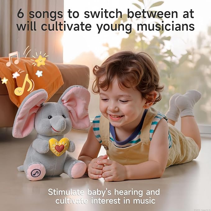 Peek a Boo Elephant Toy, Interactive Singing Plush Elephant Toy with Flapping Ears and Hearts, Musical Stuffed Animal for Babies and Toddlers