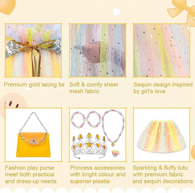 Meland Princess Dress up Clothes for Girl, 11Pcs Princess Cape with Kid Crown Toys,Dresses for Girl 3,4,5,6,7,8 Birthday Gift