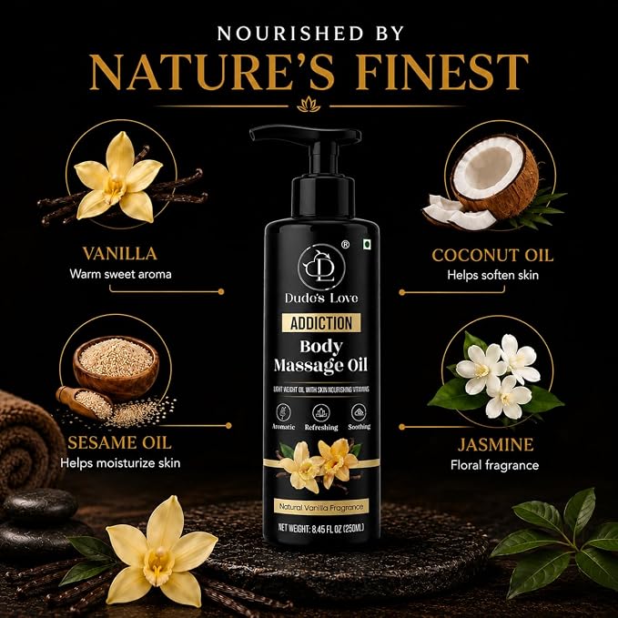 Organic - Vanilla Full Body Massage Oil - No Stain & Non-Sticky | with Fractionated Coconut Oil, Vanilla & Jasmin Oil | for Massage Therapy - 8.45 Fl Oz