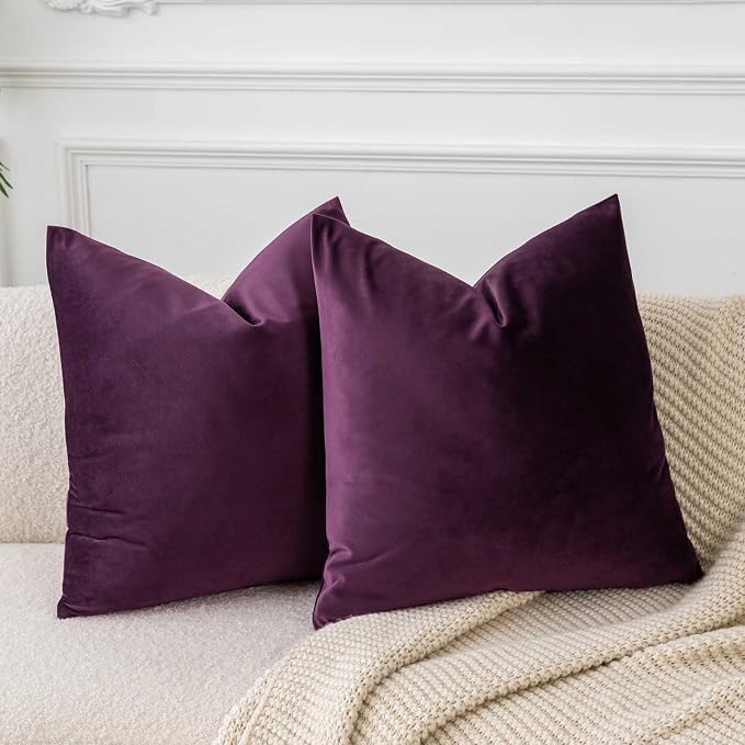 24x24 Velvet Throw Pillow Covers Set of 2 for Couch Bed,Eggplant Purple | JUSPURBET Decorative Pillow Covers with Invisible Zipper for Modern Sofa Living Room Bedroom Home Decor