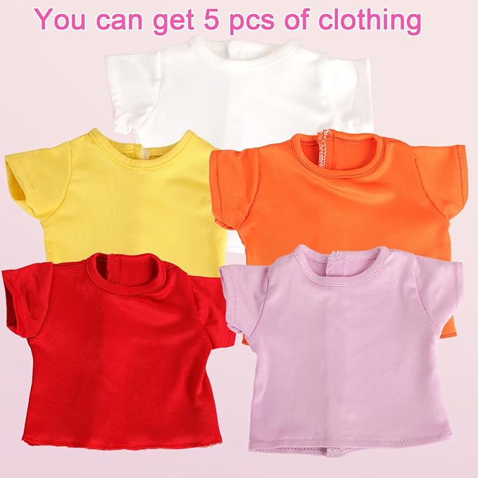 5-Piece Multicolor T-Shirts for 17-18 Inch Dolls / DIY Customizable Plain Tees (Mixed Color)