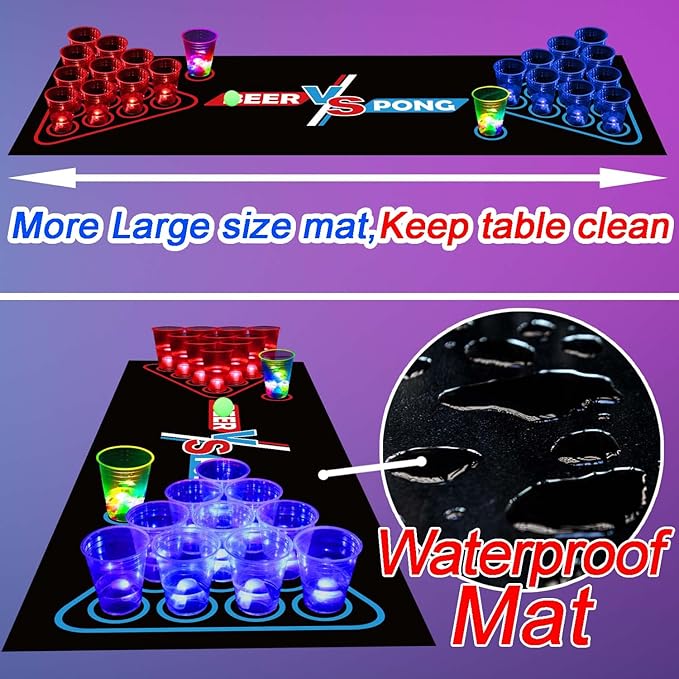 Glowing Beer Pong Table Mat for Drinking Game Light Up Plastic Cups and Pongs Beer Pong Set for Party Game Indoor Outdoor Pong Game, Party Supplies Decor 71 * 23inch