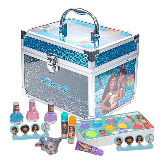 Moana 2 Train Case Beauty Set, Kids Makeup Kit for Girls, Real Washable Makeup Set, Play Makeup, Party Favor, Birthday, Ages 3 4 5 6 7 8 9 10 11 12 by Townley Girl