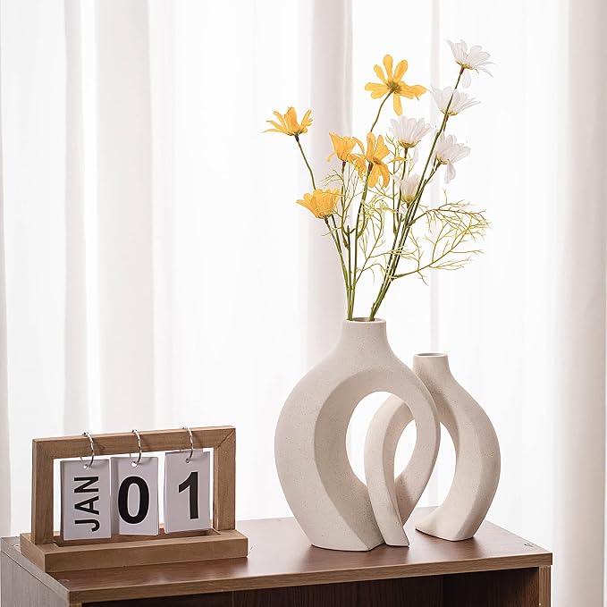 Hollow Ceramic Vase Set of 2, Modern Nordic Minimalist Book Style Boho Aesthetic Vases for Home Decor Living Room Shelf Entryway Coffee Centerpiece Table Decorative (Cream White)