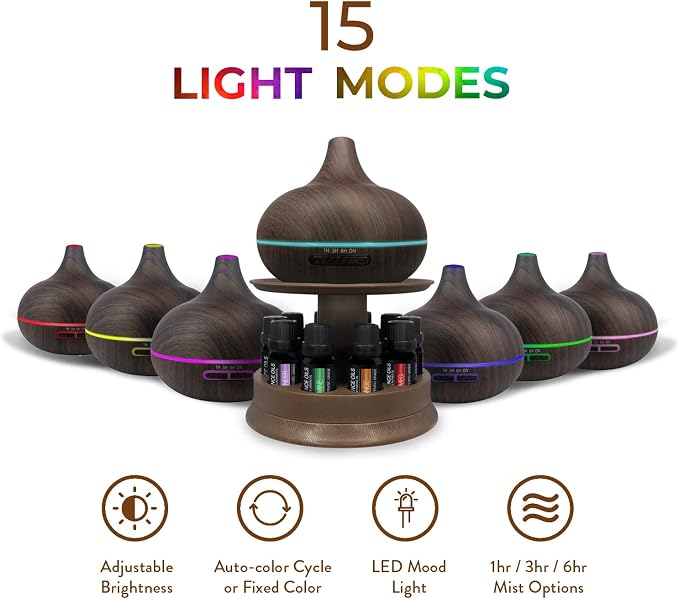 Pure Daily Care Ultimate Aromatherapy Diffuser with Essential Oil Set - 300ml Ultrasonic Diffuser, 4 Timer & 7 Ambient Light Settings - 10 Therapeutic Grade Essential Oils - Oak Wood with Stand