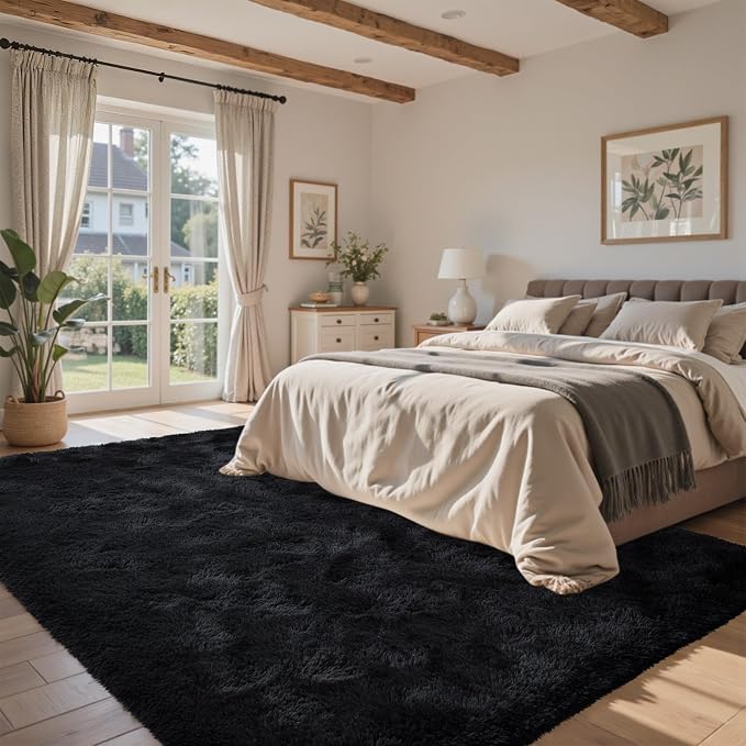 Black Rugs for Living Room Fluffy 4x6 ft Bedroom Rug Non-Slip Area Rugs Shag Carpet for Nursery Kids PlayRoom Dorm Office Indoor Modern Plush Carpets Boys