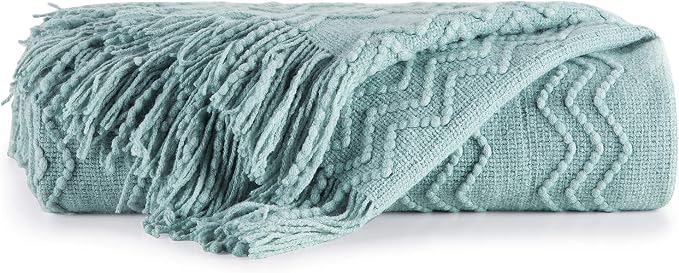 BOURINA Aqua Throw Blanket 60x80 Inch Boho Knitted Soft Throw Sofa Blanket | Knitted Throw Blanket 60x80 Inches, Soft Lightweight Boho Weave Throw Decorative Couch Blanket for Living Room Bedroom Chair